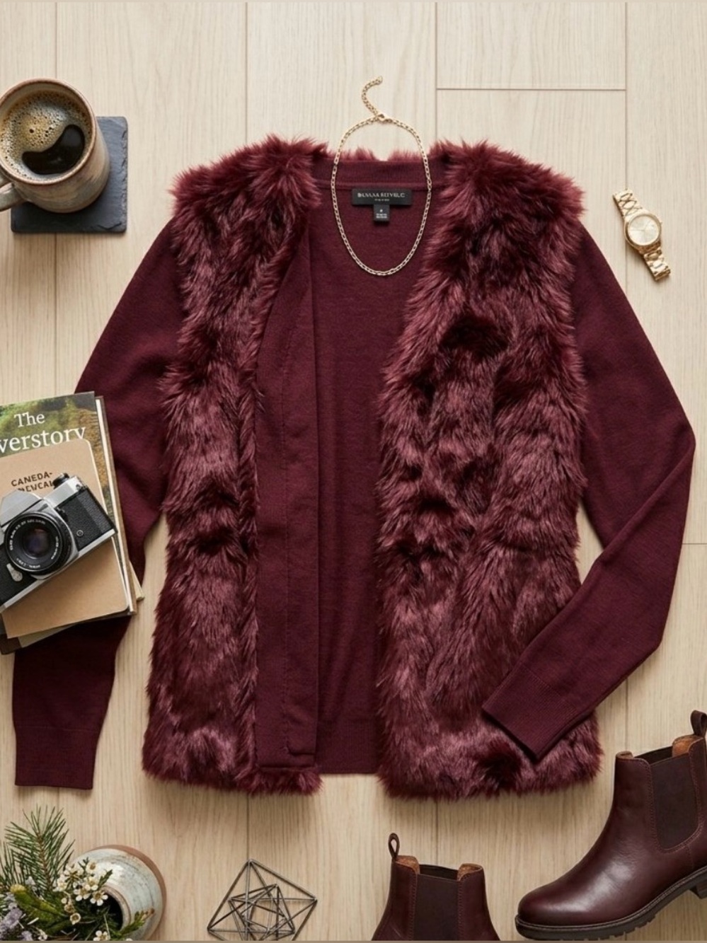 Banana Republic Open Cardigan Sweater Women Faux Fur Coatigan BR Burgundy XS